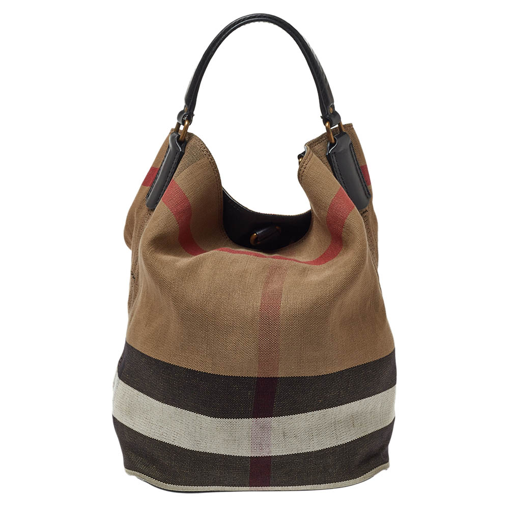 Image of Burberry Black/Beige House Check Canvas Leather Susanna Bucket Bag