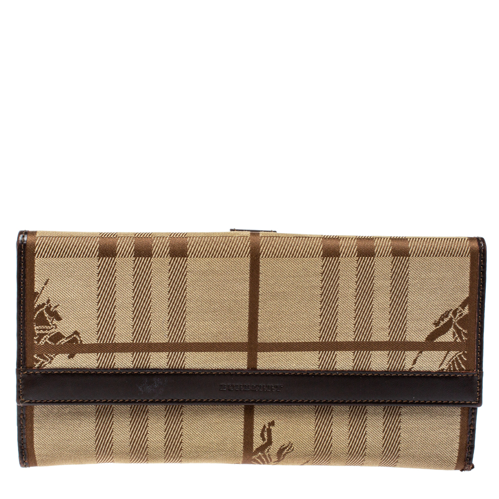 Image of Burberry Beige/Brown Haymarket Check Fabric and Leather Continental Wallet