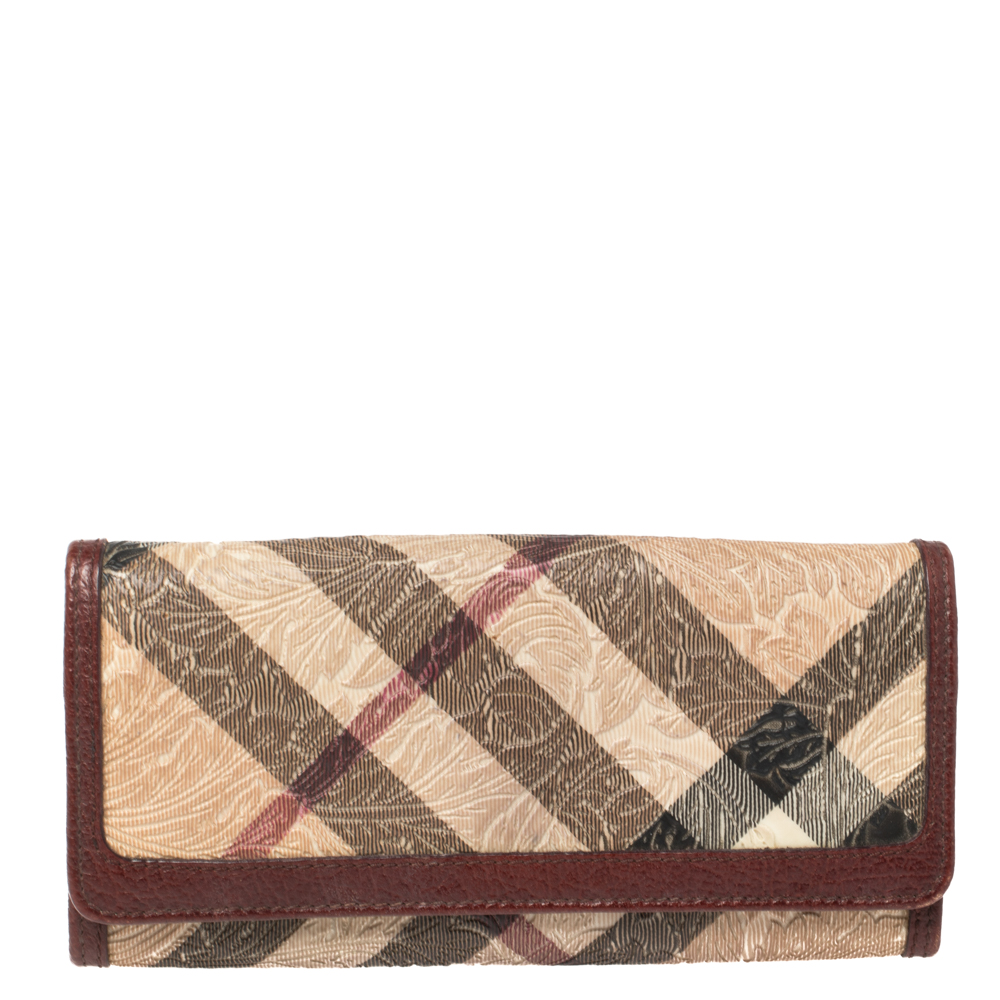 Image of Burberry Beige/Maroon Floral Embossed Nova Check Canvas and Leather Molly Wallet