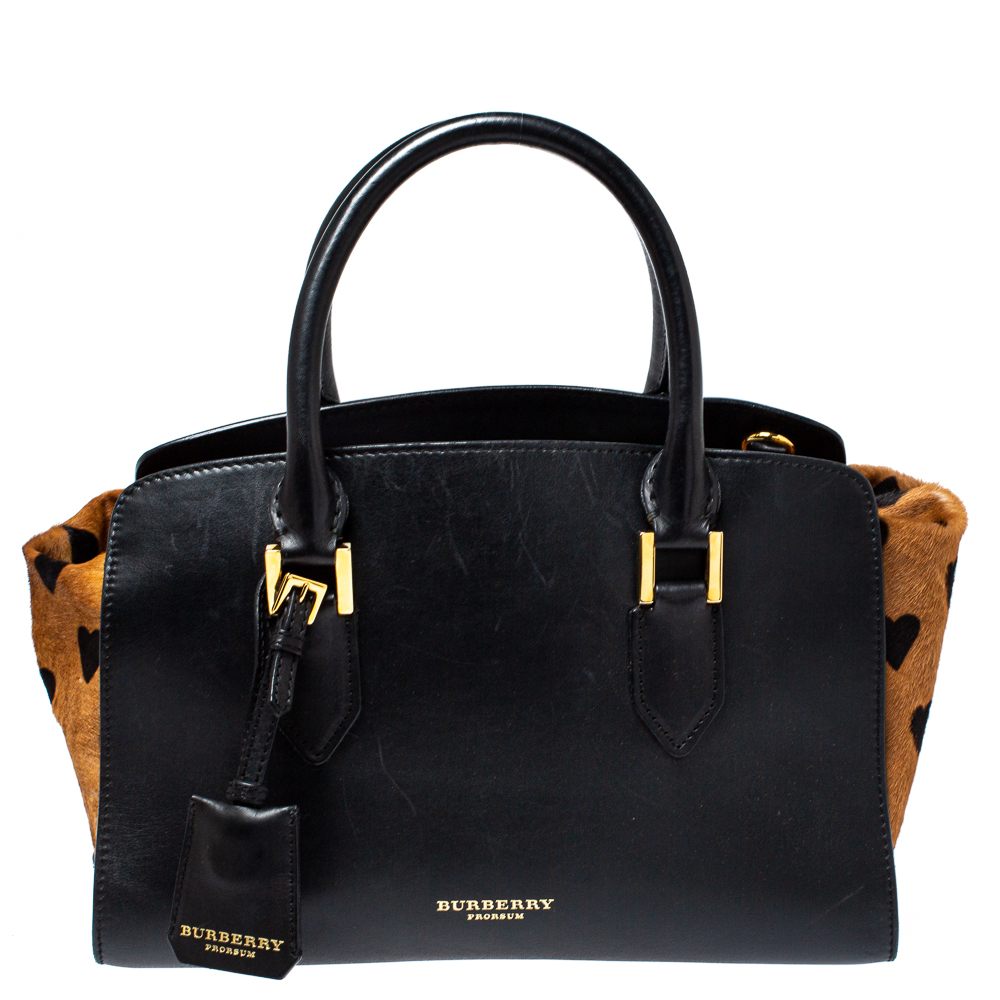 Image of Burberry Black/Brown Heart Print Calfhair and Leather Dinton Satchel