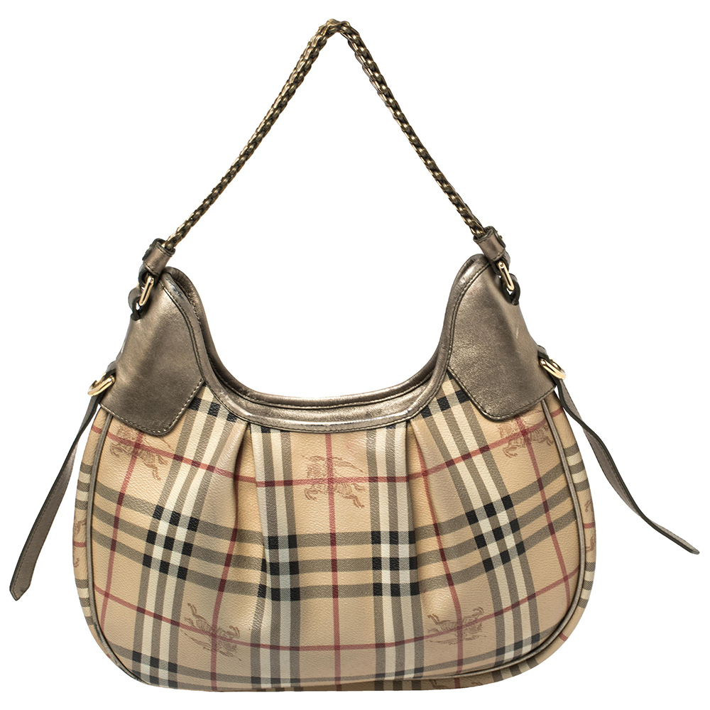Burberry Beige/Metallic Haymarket Check PVC and Leather Chain Strap Hobo