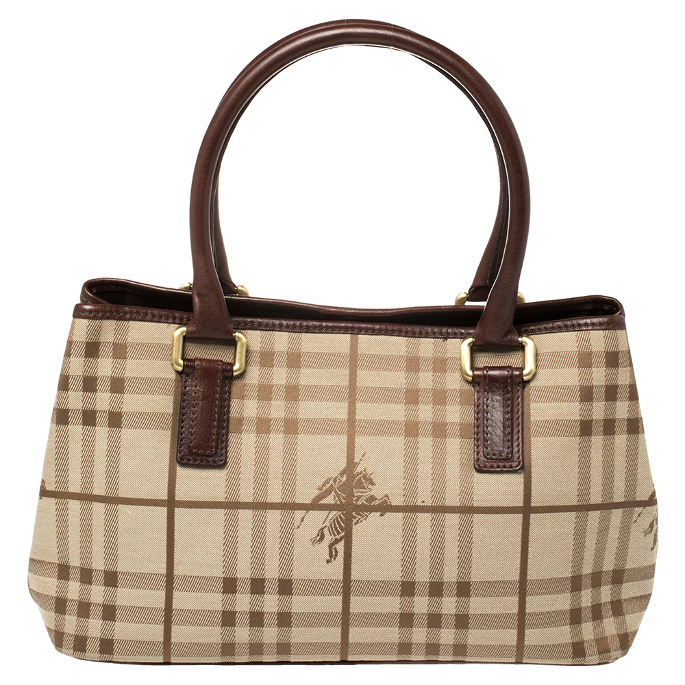 Burberry Beige/Brown Haymarket Check Canvas and Leather Tote