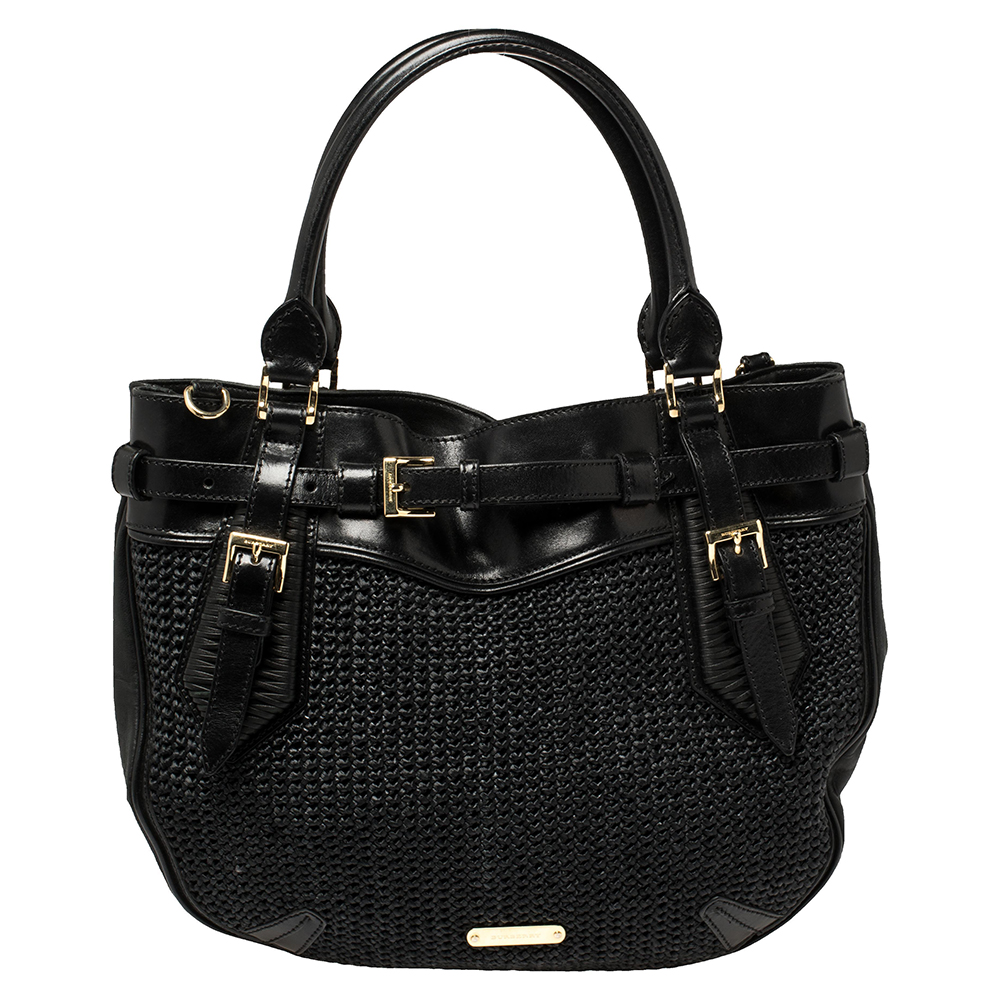 Burberry Black Woven Straw and Leather Buckle Shoulder Bag