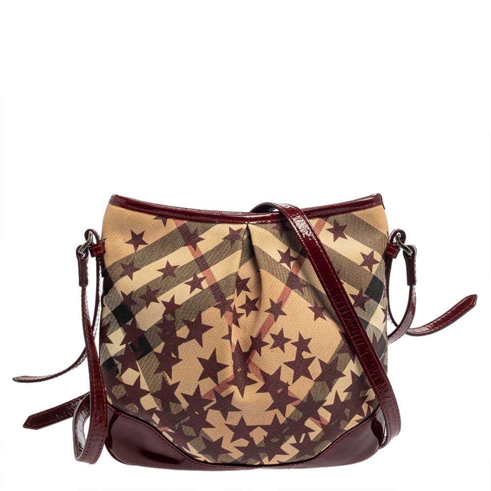 Burberry Red/Beige Supernova Check Star Coated Canvas And Patent Leather Crossbody Bag