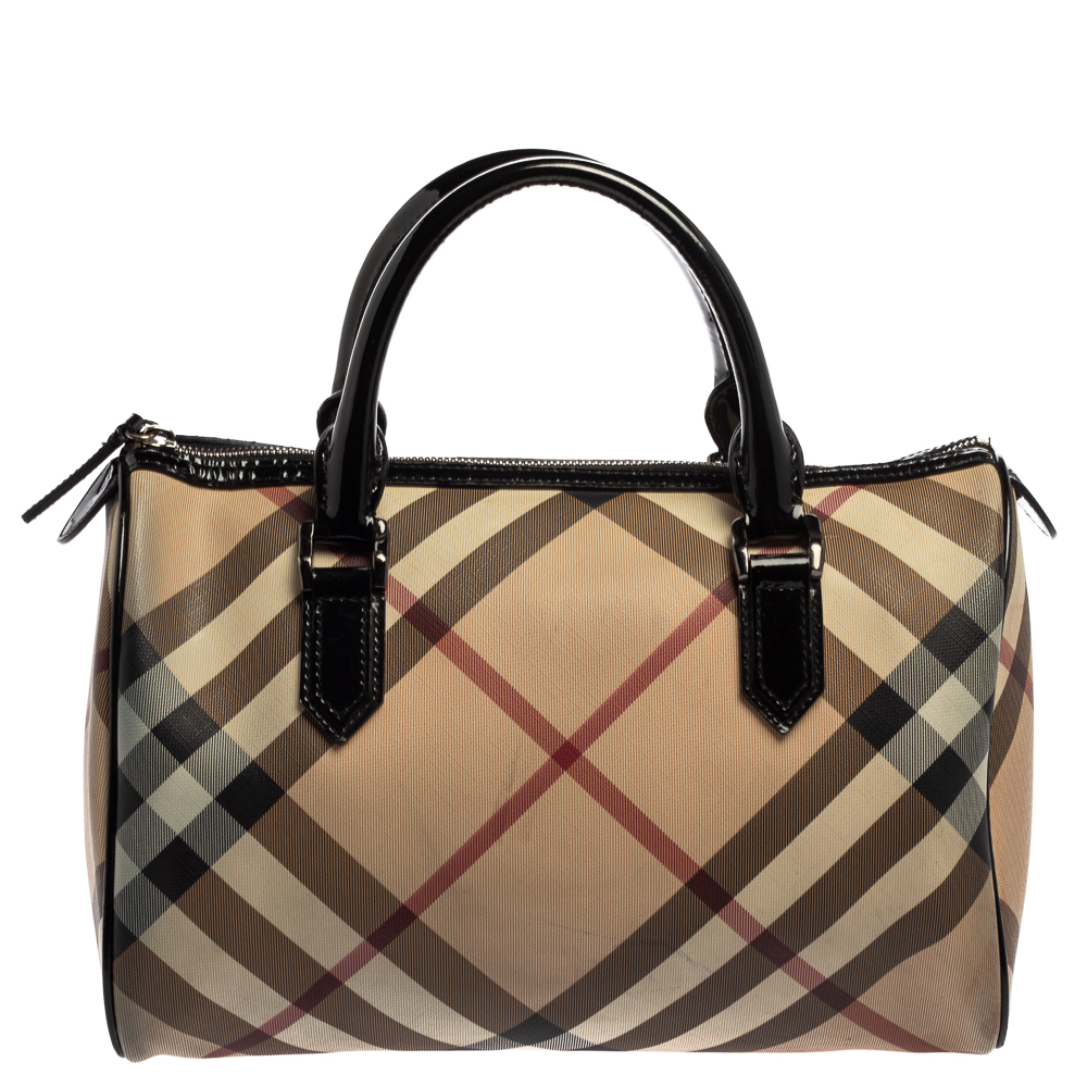 Burberry Beige/Black Supernova Check Coated Canvas and Patent Leather Boston Bag