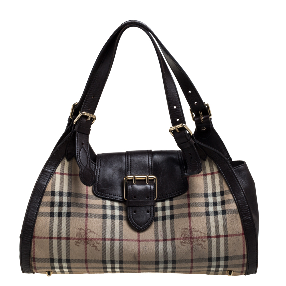 Burberry Brown/Beige Haymarket Check PVC and Leather Buckle Flap Satchel