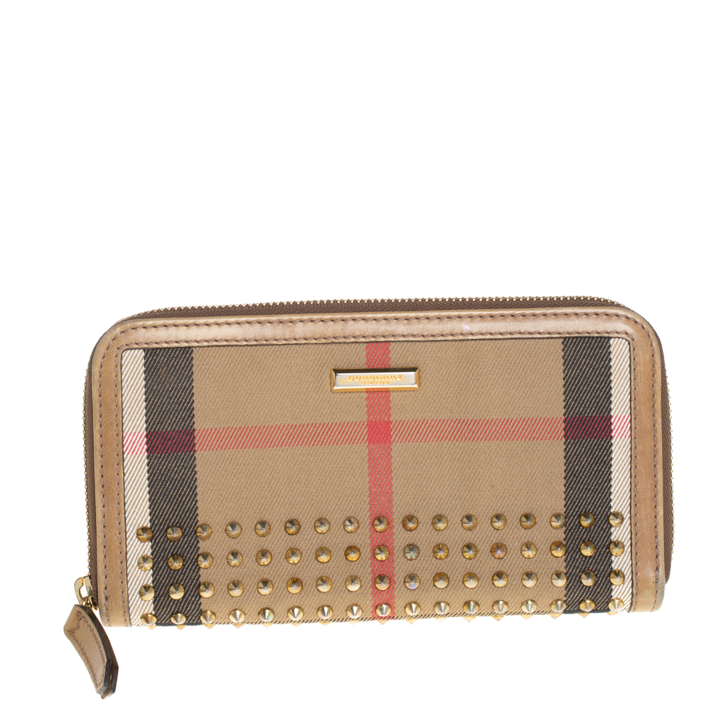 Burberry Beige Check Canvas and Leather Studded Zip Around Wallet
