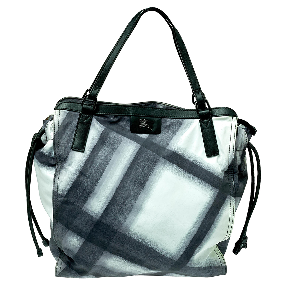 Burberry black smoked check nylon and leather buckleigh tote