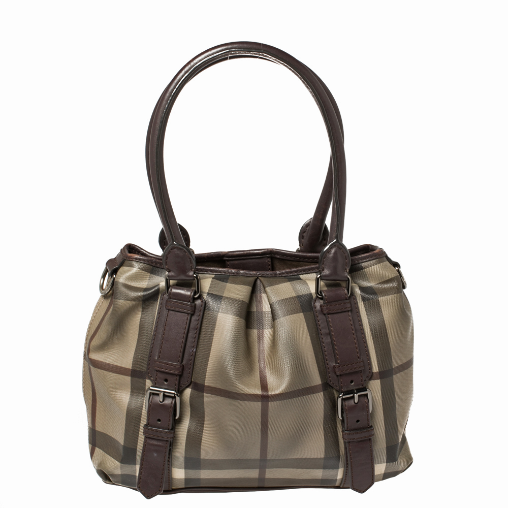 Burberry Beige/Burgundy Smoke Check Coated Canvas and Leather Northfield Tote