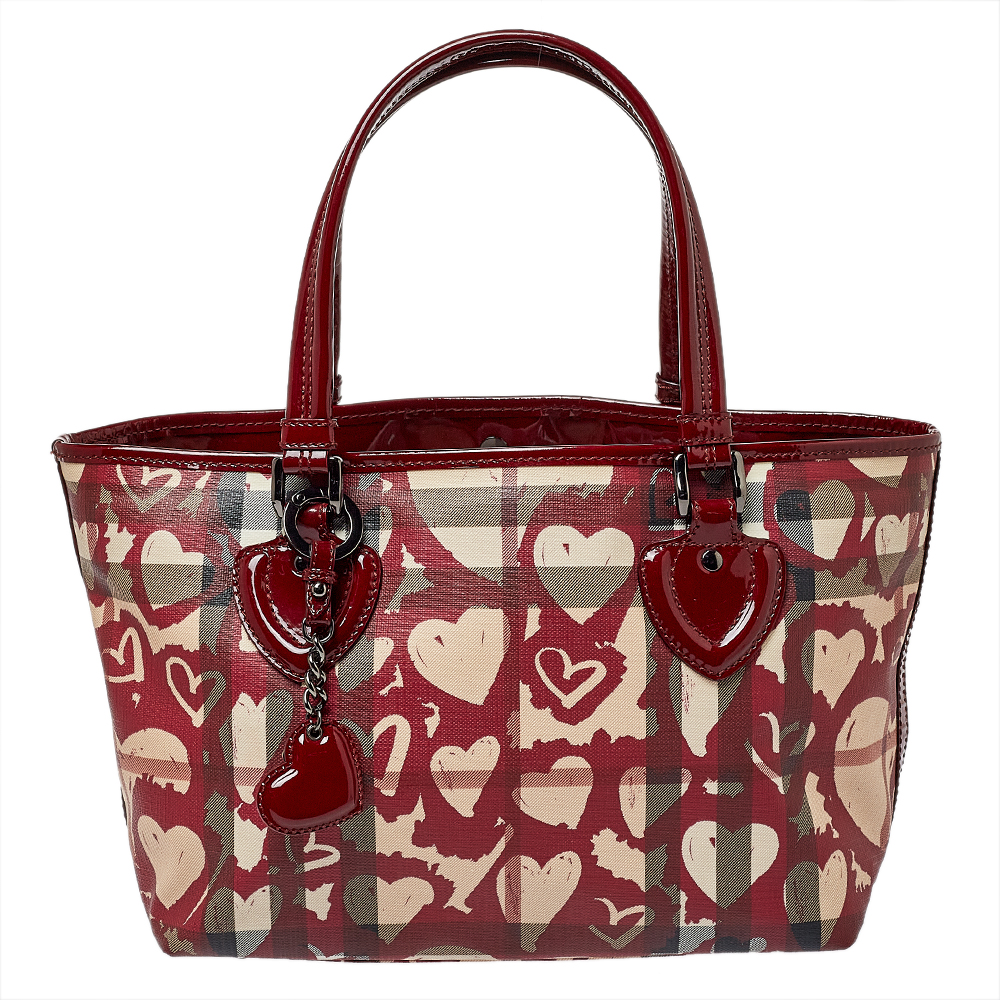 Burberry Burgundy Supernova Heart Check Coated Canvas and Patent Leather Large Tote