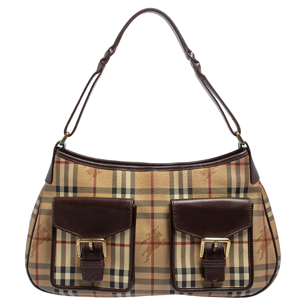 Burberry Beige/Brown Haymarket Check Coated Canvas and Leather Front Pocket Hobo