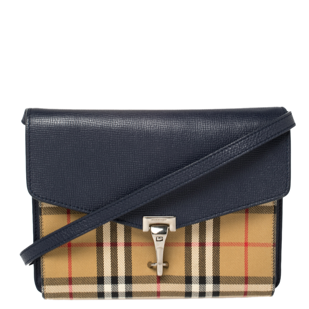 Burberry Blue/Beige Vintage Check Canvas and Leather Macken Crossbody Bag