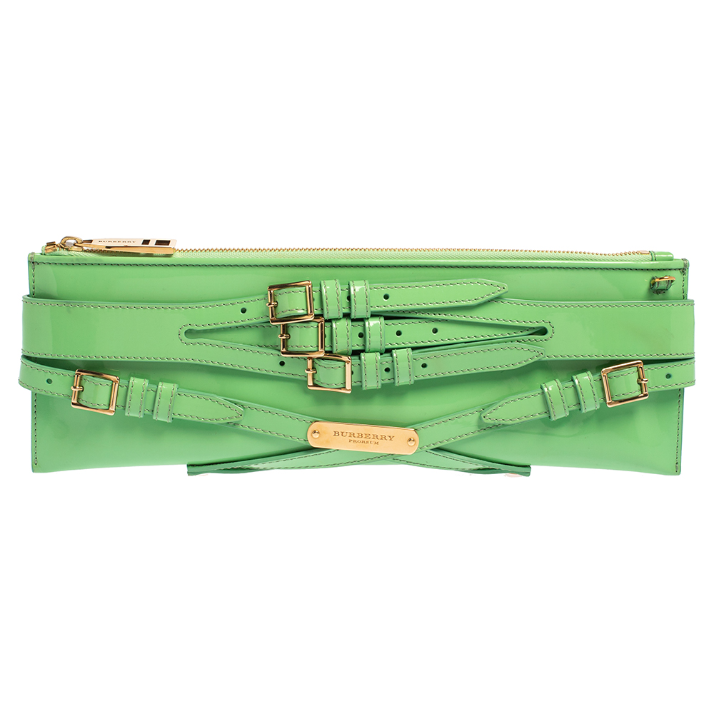 Burberry Green Patent Leather Bridle Parmoor Clutch Bag