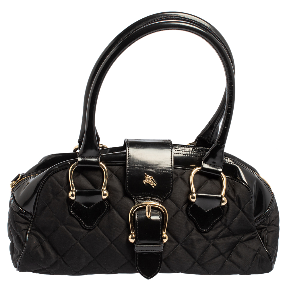 Burberry Black Quilted Nylon and Patent Leather Satchel