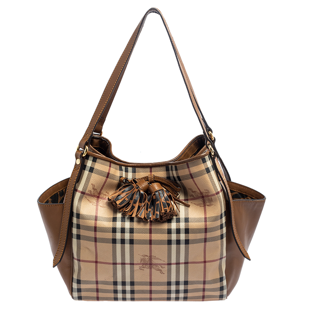 Burberry Beige/Tan Haymarket Check PVC and Leather Tote