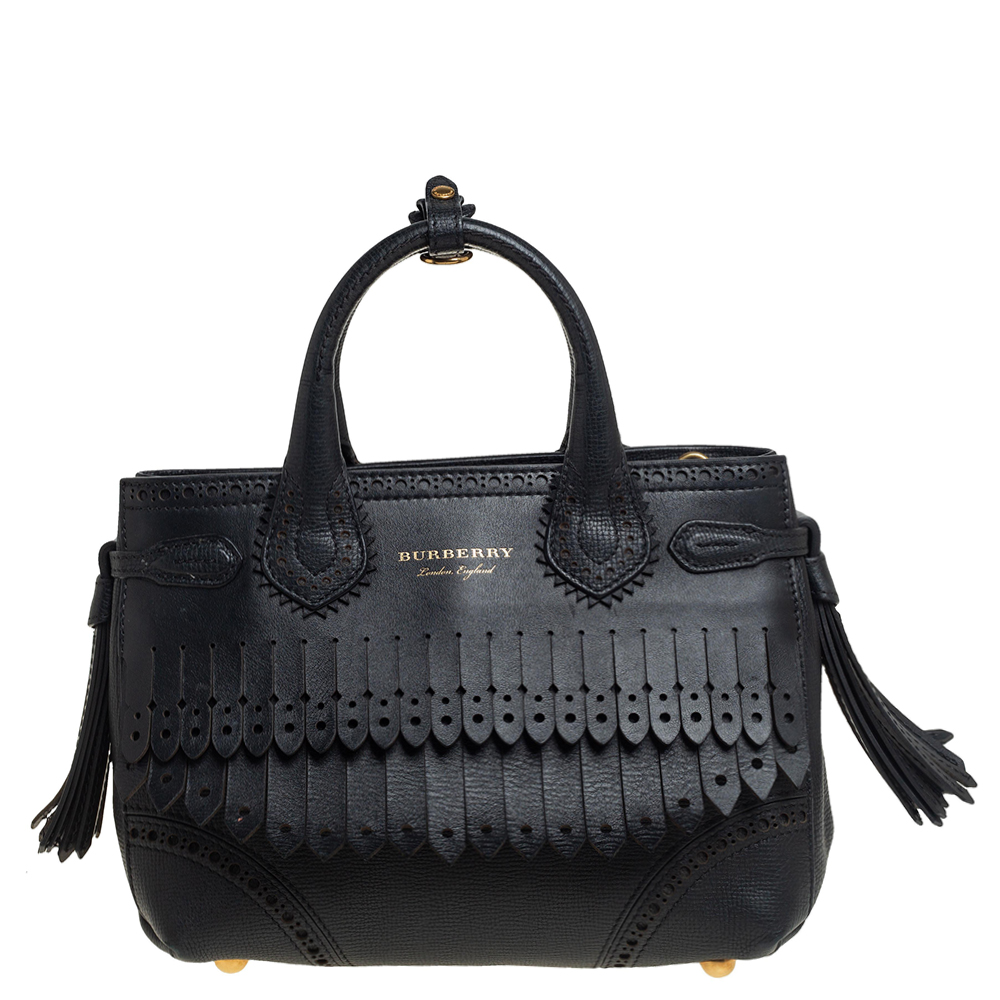 Burberry Black Brogue Leather Small Fringe Banner Tote