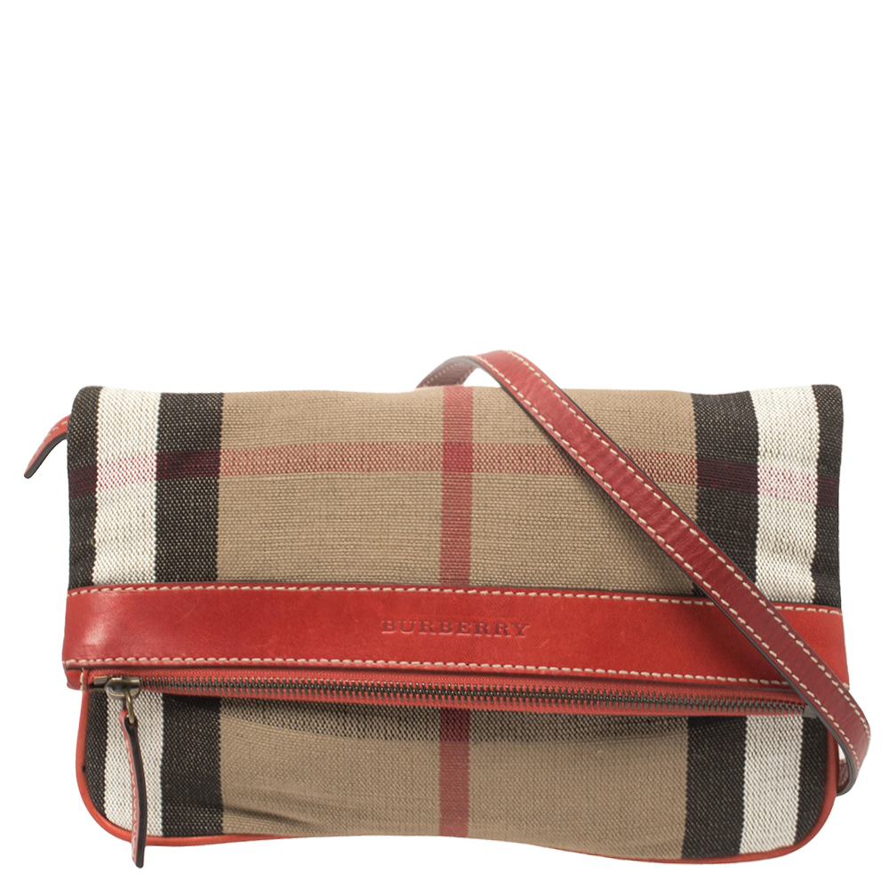 Burberry Beige/Red House Check Canvas and Leather Fold Over Crossbody Bag