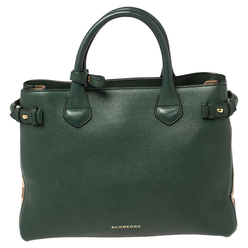Burberry Green Leather and House Check Fabric Medium Banner Tote