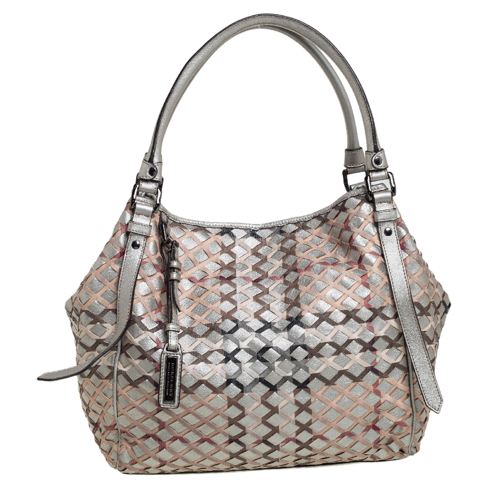 Burberry Silver/Beige Woven Coated Canvas and Leather Large Canterbury Tote