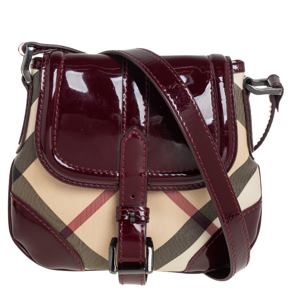 Burberry Maroon/Beige Nova Check Coated Canvas and Patent Leather Flap Crossbody Bag