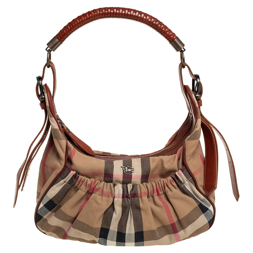 Burberry Beige/Brown House Check Canvas and Leather Gathered Pocket Hobo