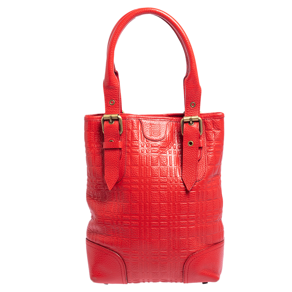 Burberry Red Embossed Leather Buckle Tote