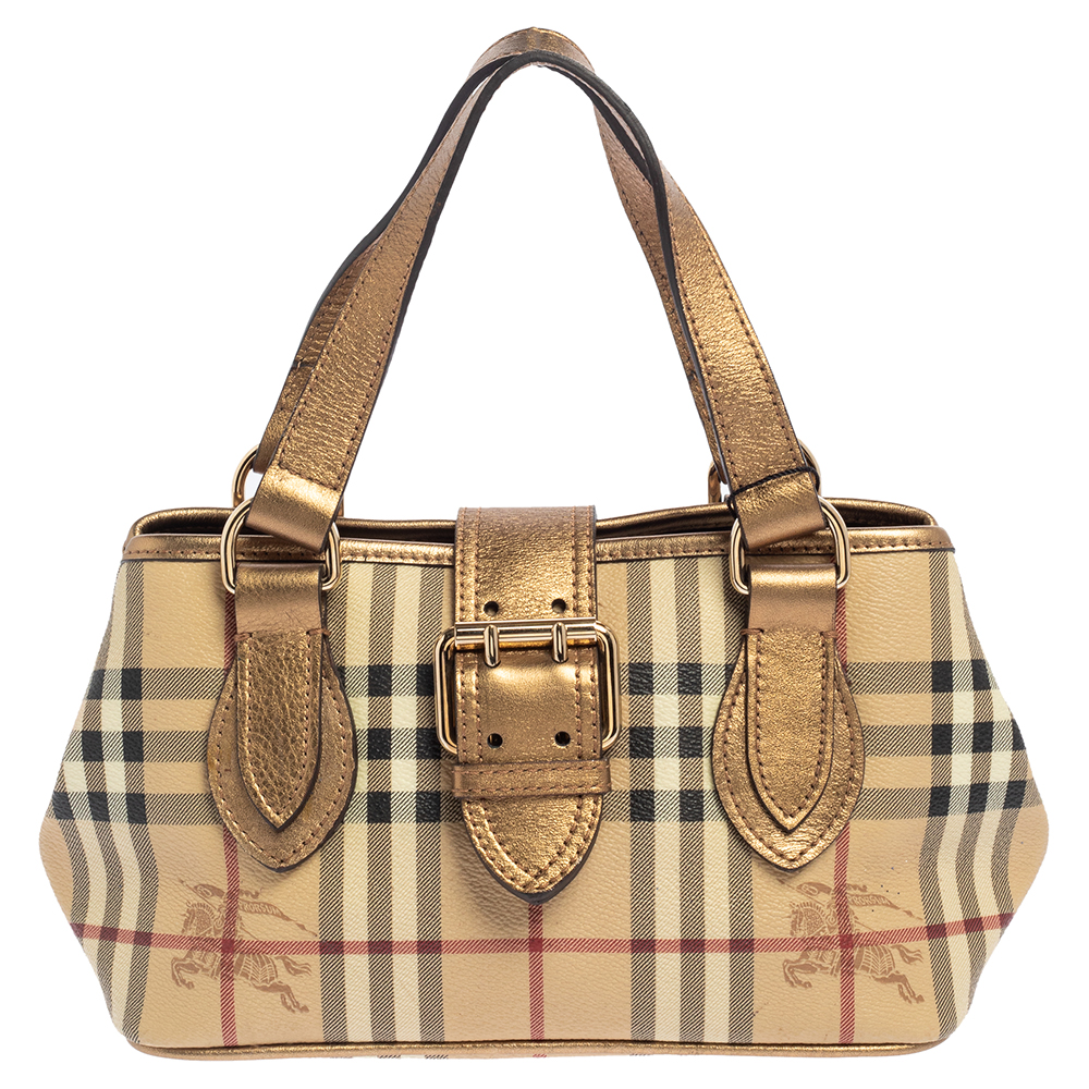 Burberry Beige/Gold Haymarket Check Coated Canvas and Leather Eden Tote