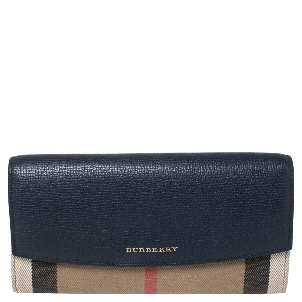 Burberry Beige/Blue House Check Fabric and Leather Flap Continental Wallet