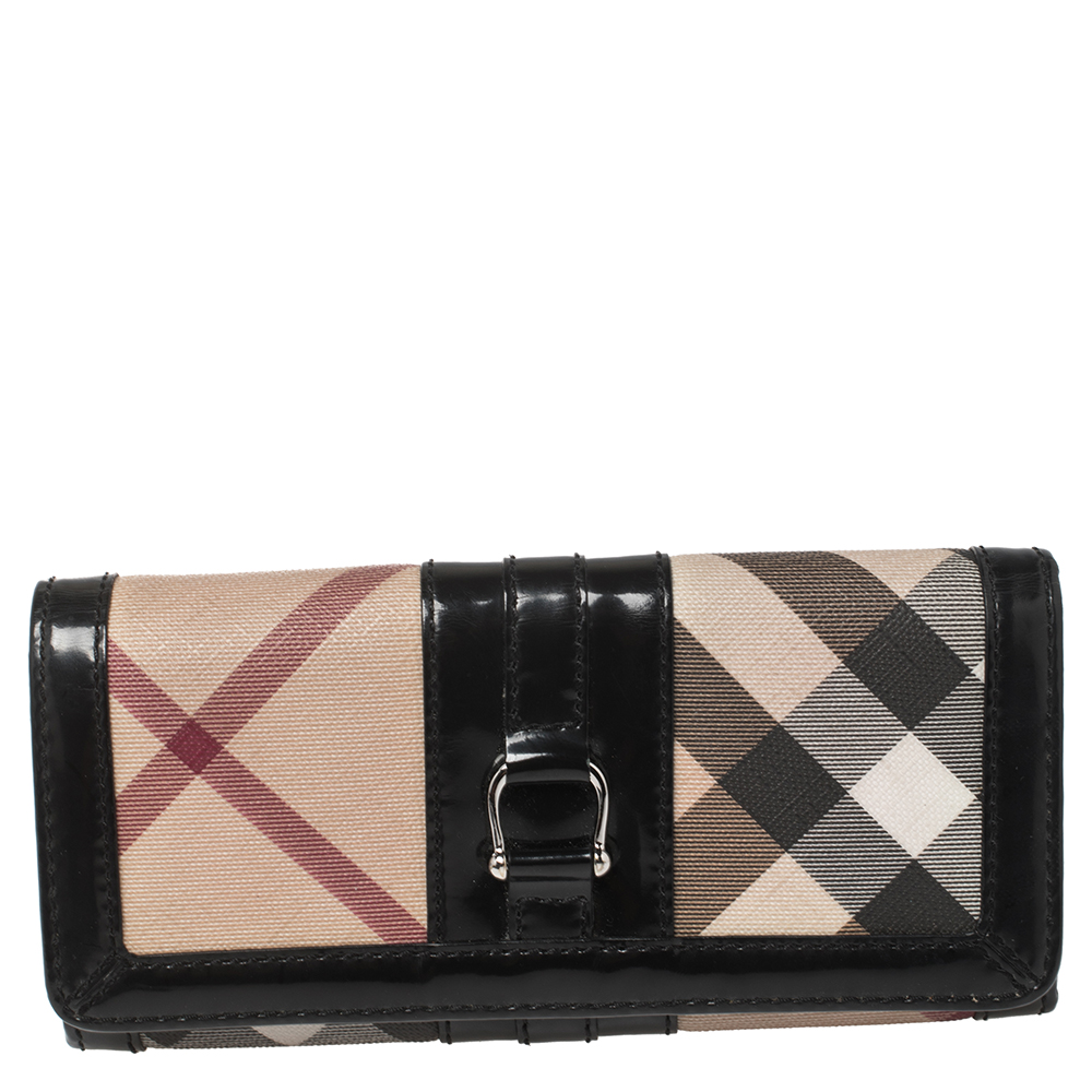 Burberry Beige/Black Nova Check PVC and Patent Leather Flap Continental Wallet