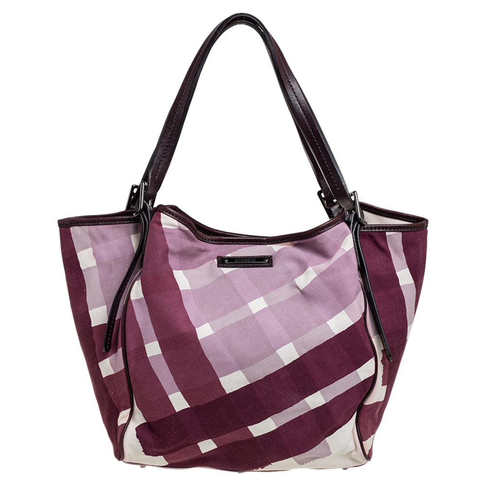 Burberry Purple/White Check Canvas and Leather Buckle Tote
