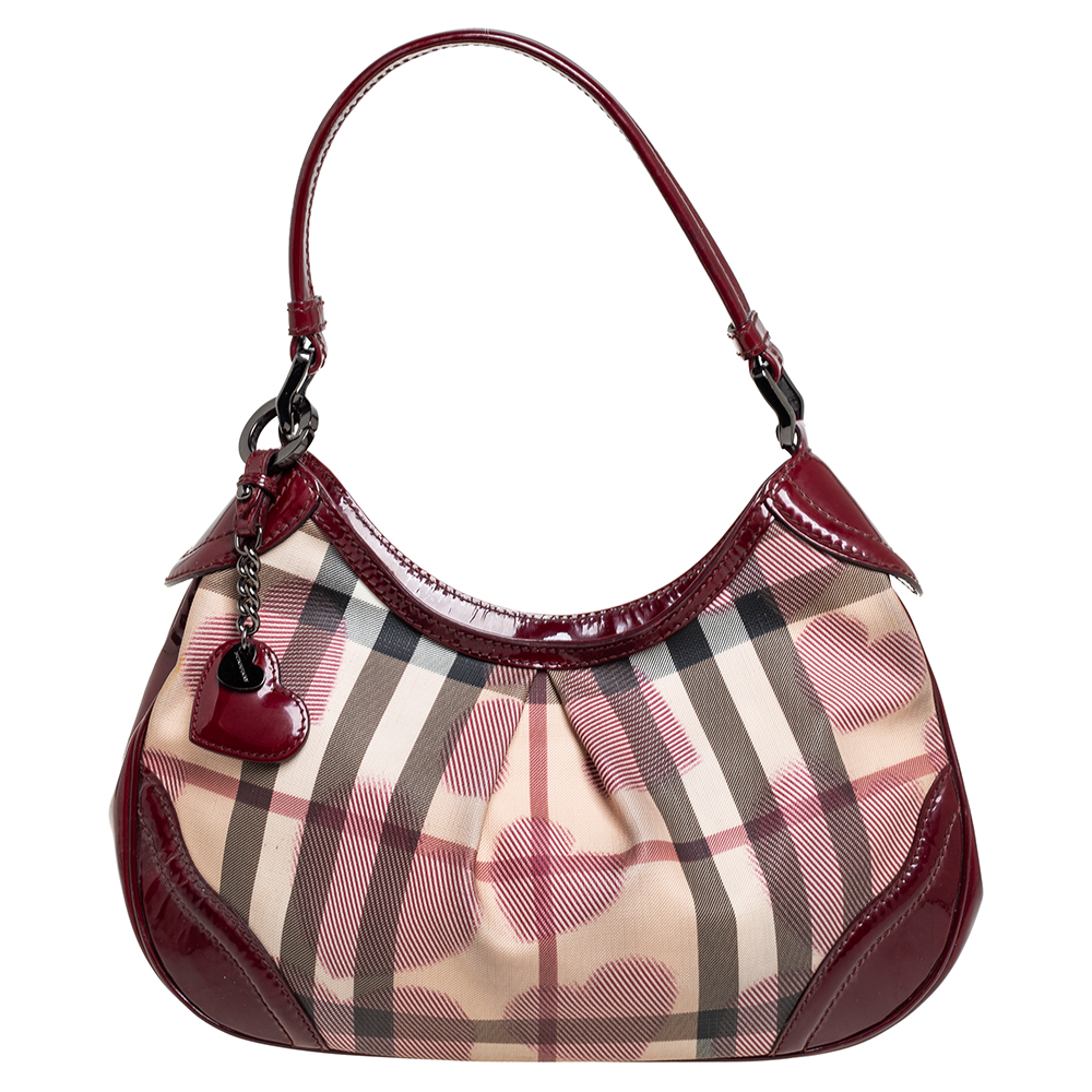 Burberry Beige/Burgundy Nova Check PVC And Patent Leather Limited Edition Heart Hobo