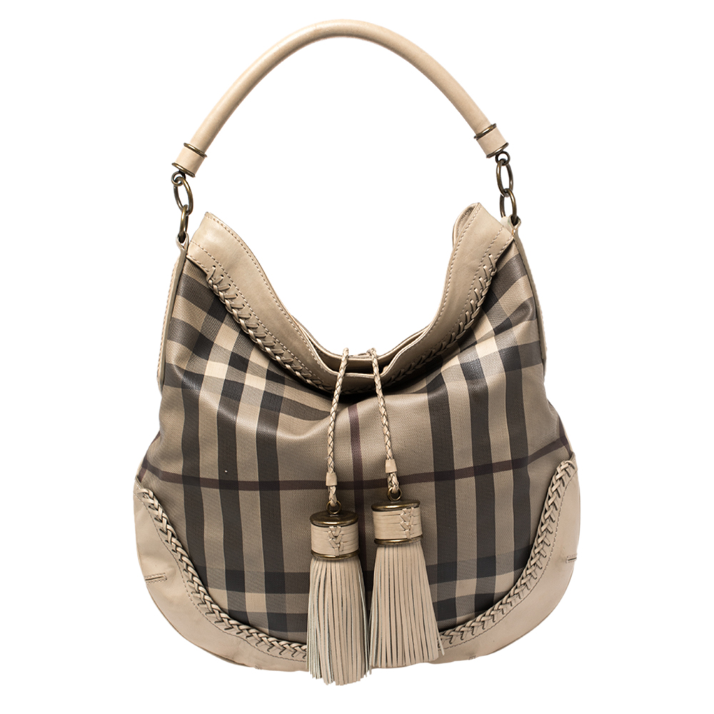 Burberry Beige Smoked Check PVC and Leather Parade Hobo