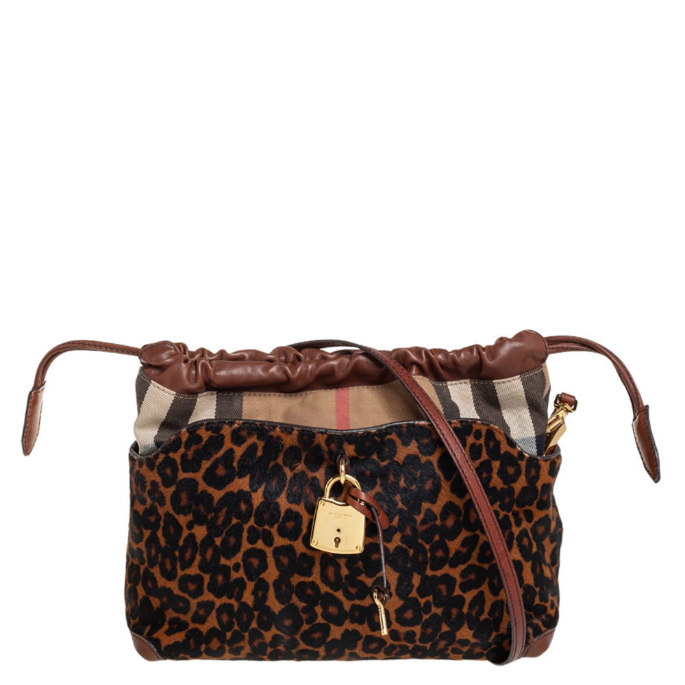 Burberry Brown/Black Leopard Print Calfhair, Leather and House Check Canvas Little Crush Crossbody Bag