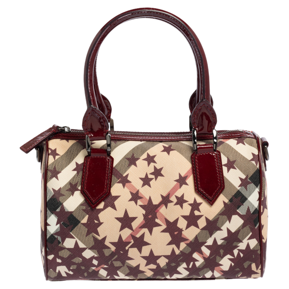 Burberry Burgundy/Beige Star Print Supernova Check Coated Canvas and Patent Leather Boston Bag