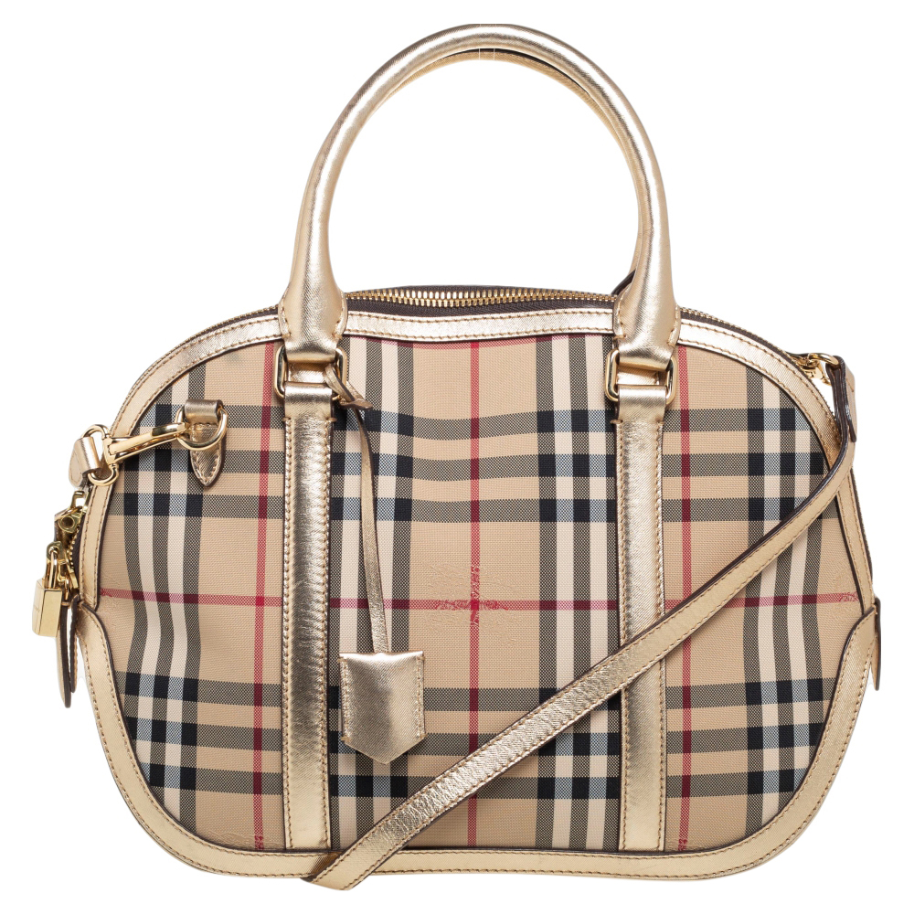 Burberry Beige/Metallic Gold Haymarket Check Nylon and Leather Small Orchard Bowler Bag