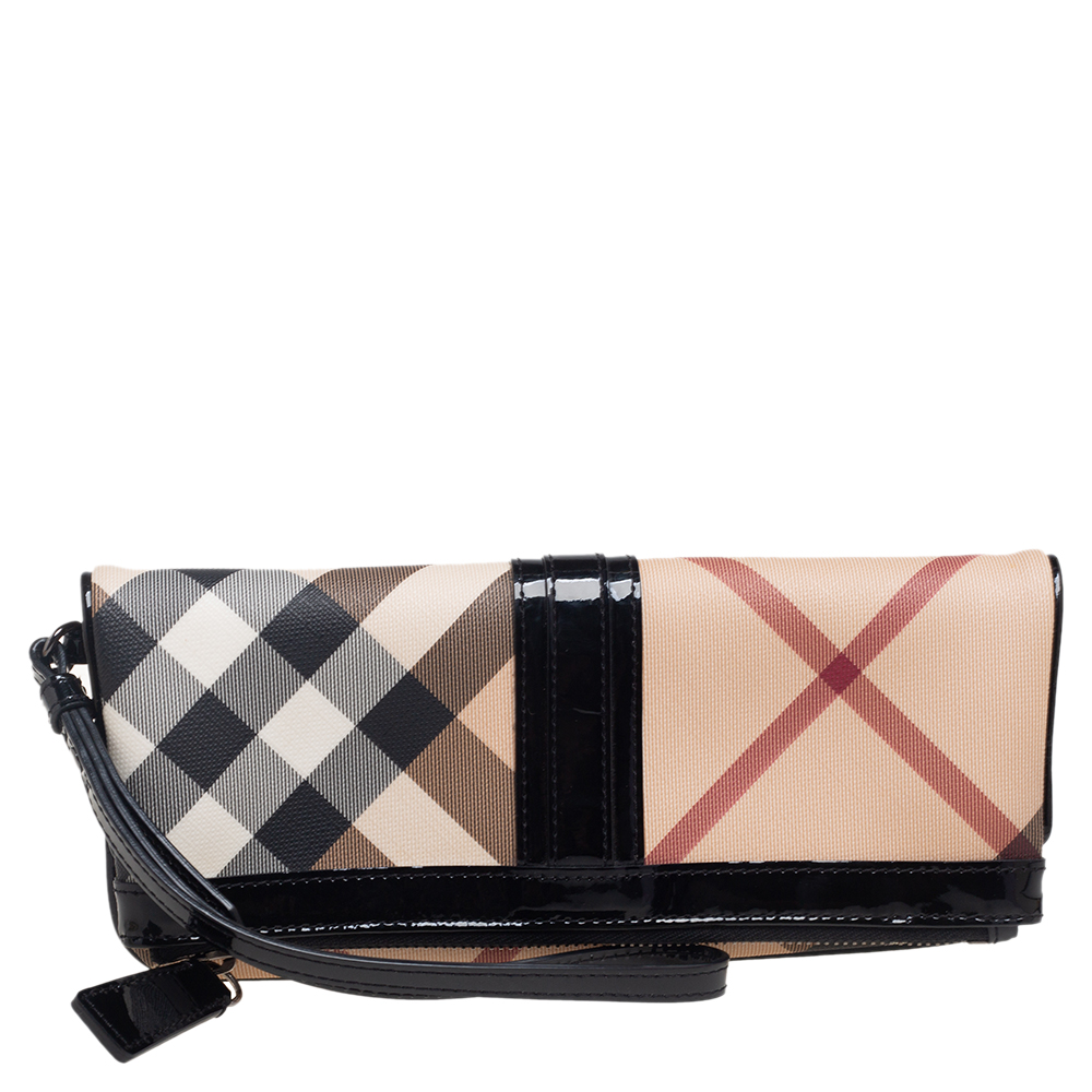 Burberry Black/Beige Nova Check Coated Canvas and Patent Leather Foldover Clutch