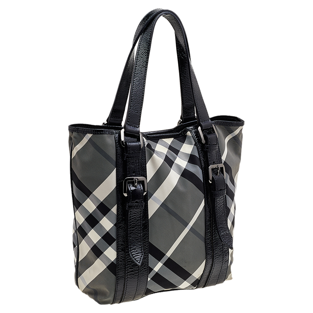 Burberry Black Beat Check Nylon And Patent Leather Lowry Tote