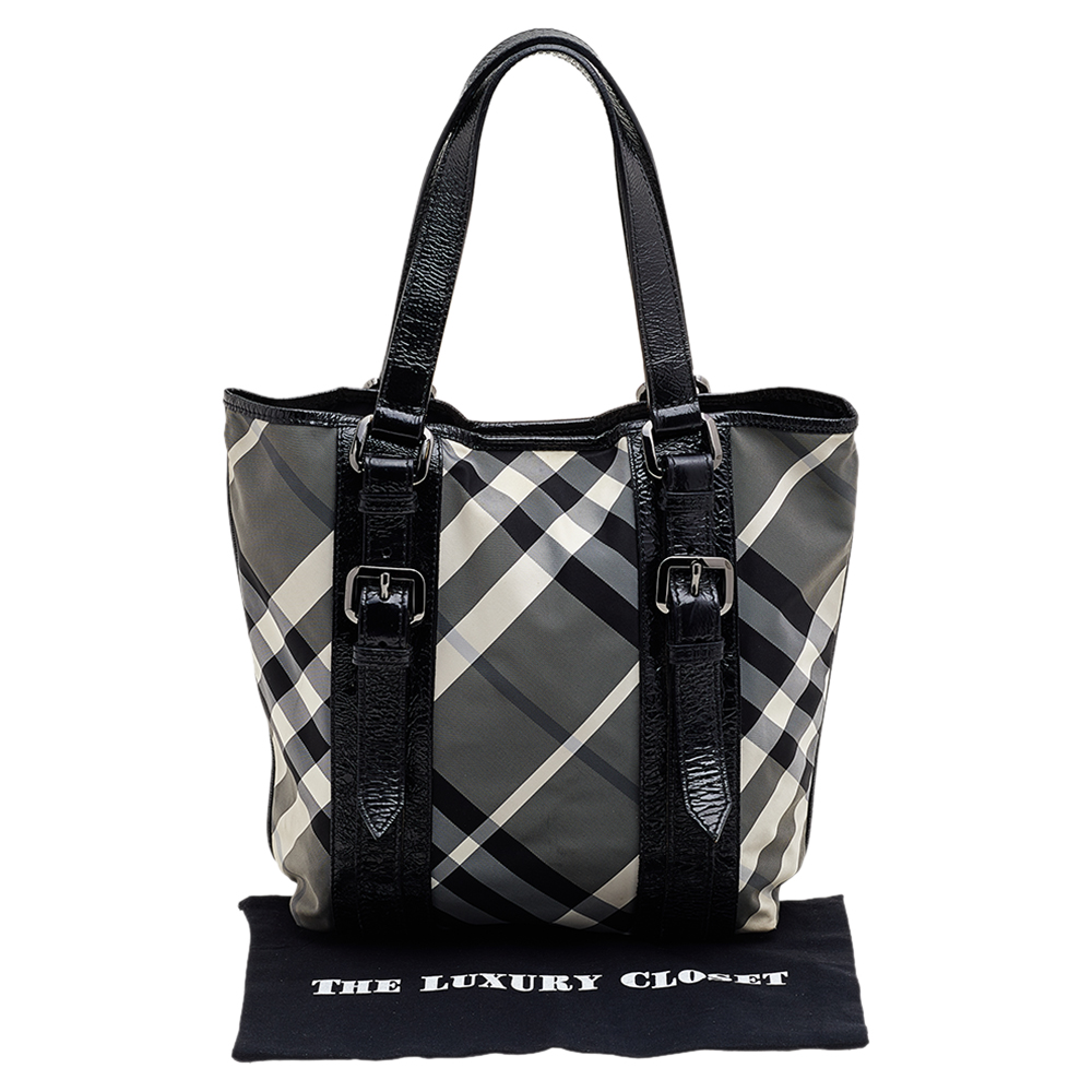 Burberry Black Beat Check Nylon And Patent Leather Lowry Tote
