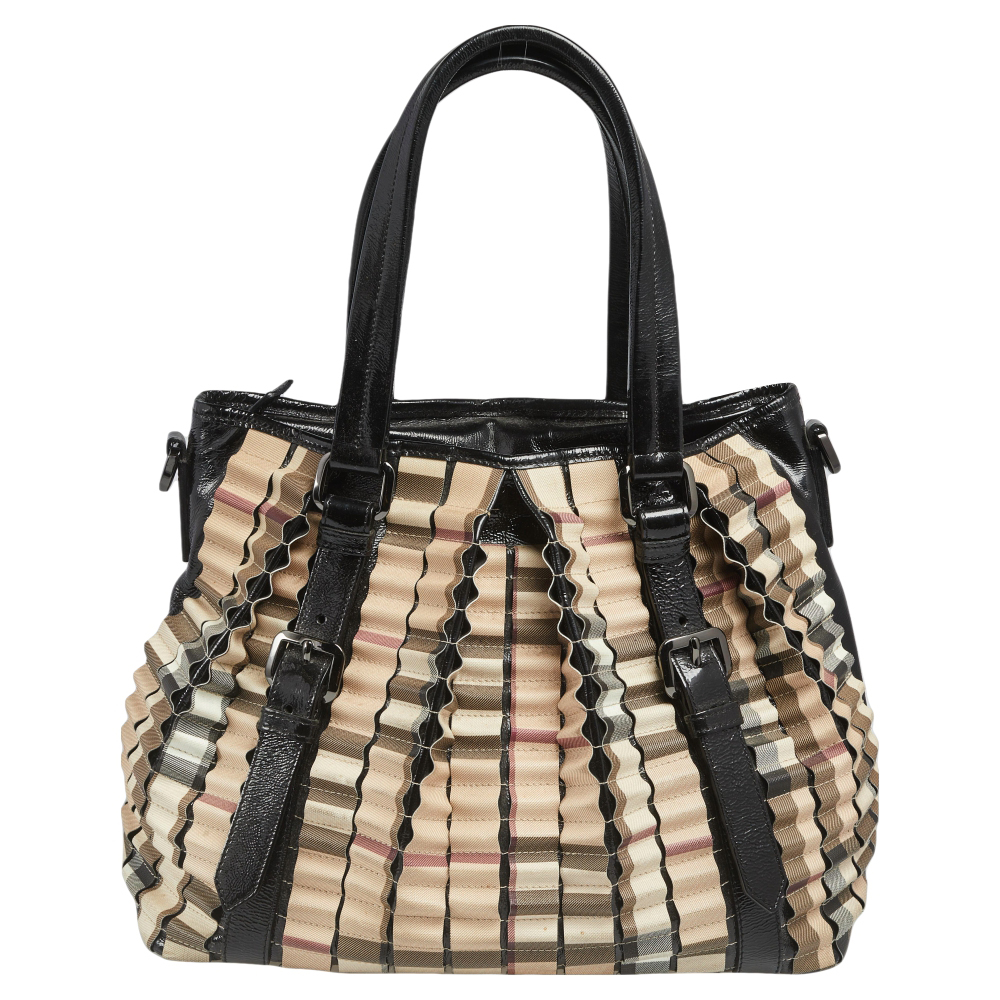 Burberry black/beige house check pvc and patent leather lowry ruffled tote