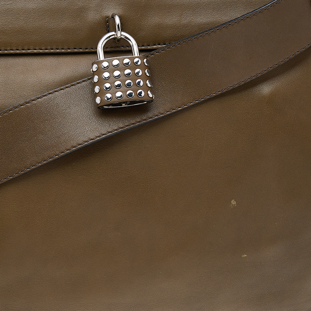 Burberry Olive Green Leather Studded Lock Messenger Bag