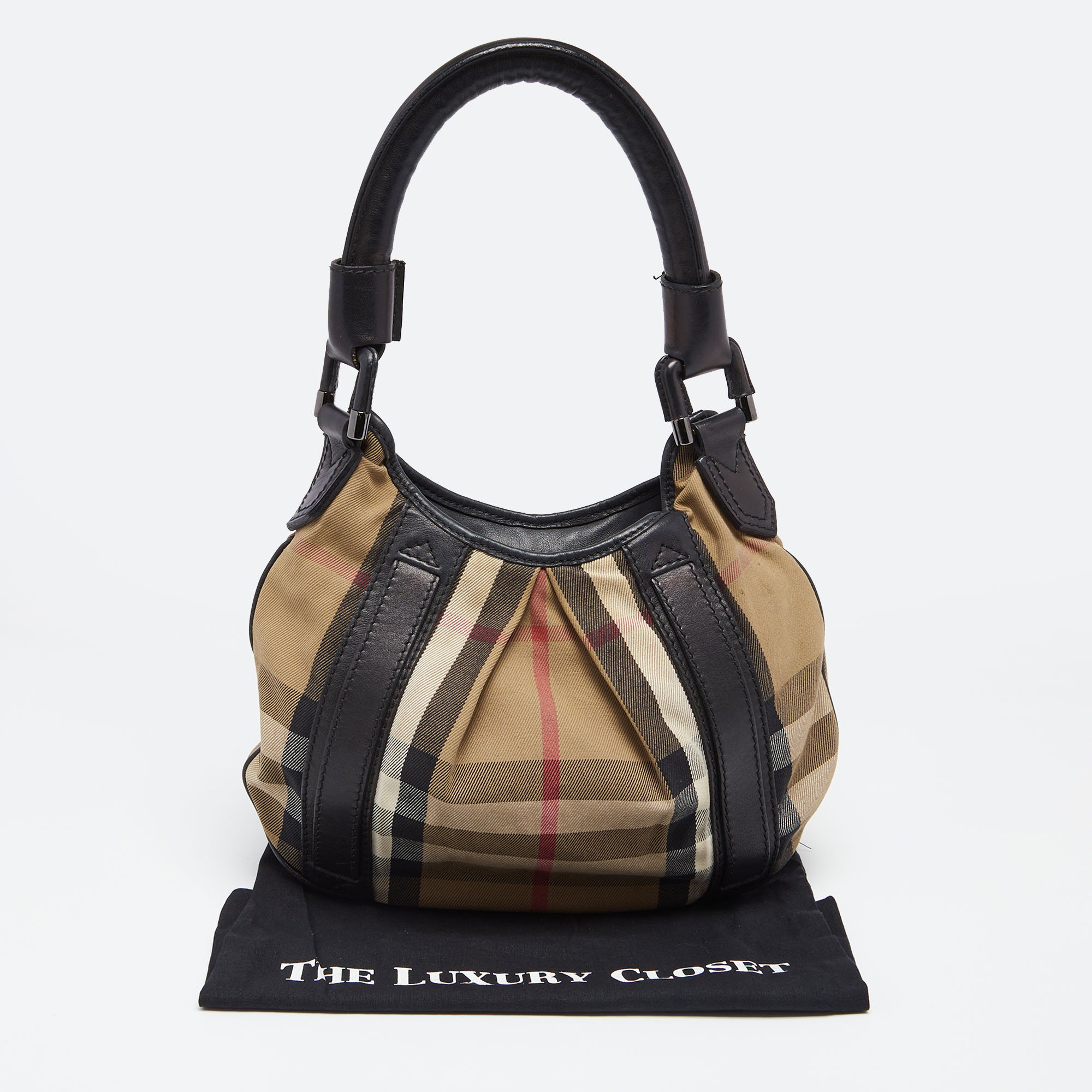 Burberry Black/Beige House Check Canvas And Leather Small Phoebe Hobo