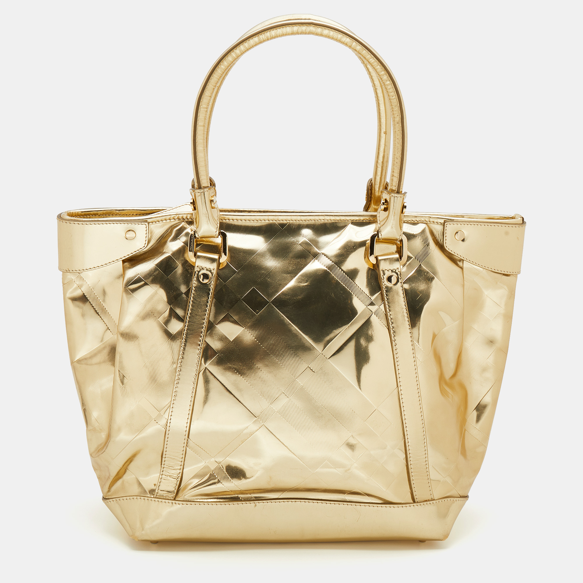 Burberry metallic gold beat check mirror patent leather ember tote