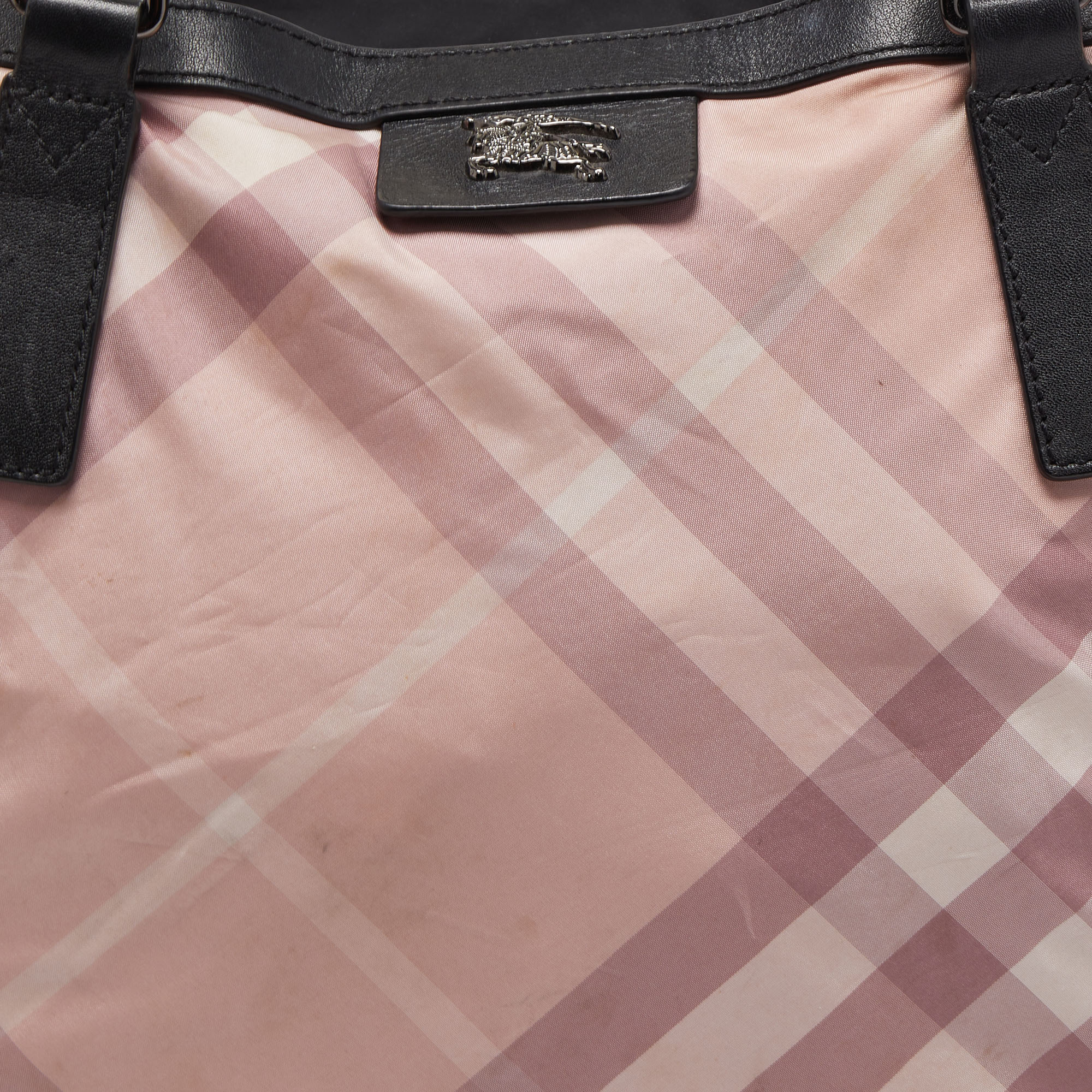 Burberry Pink/Black Check Nylon And Leather Buckleigh Tote