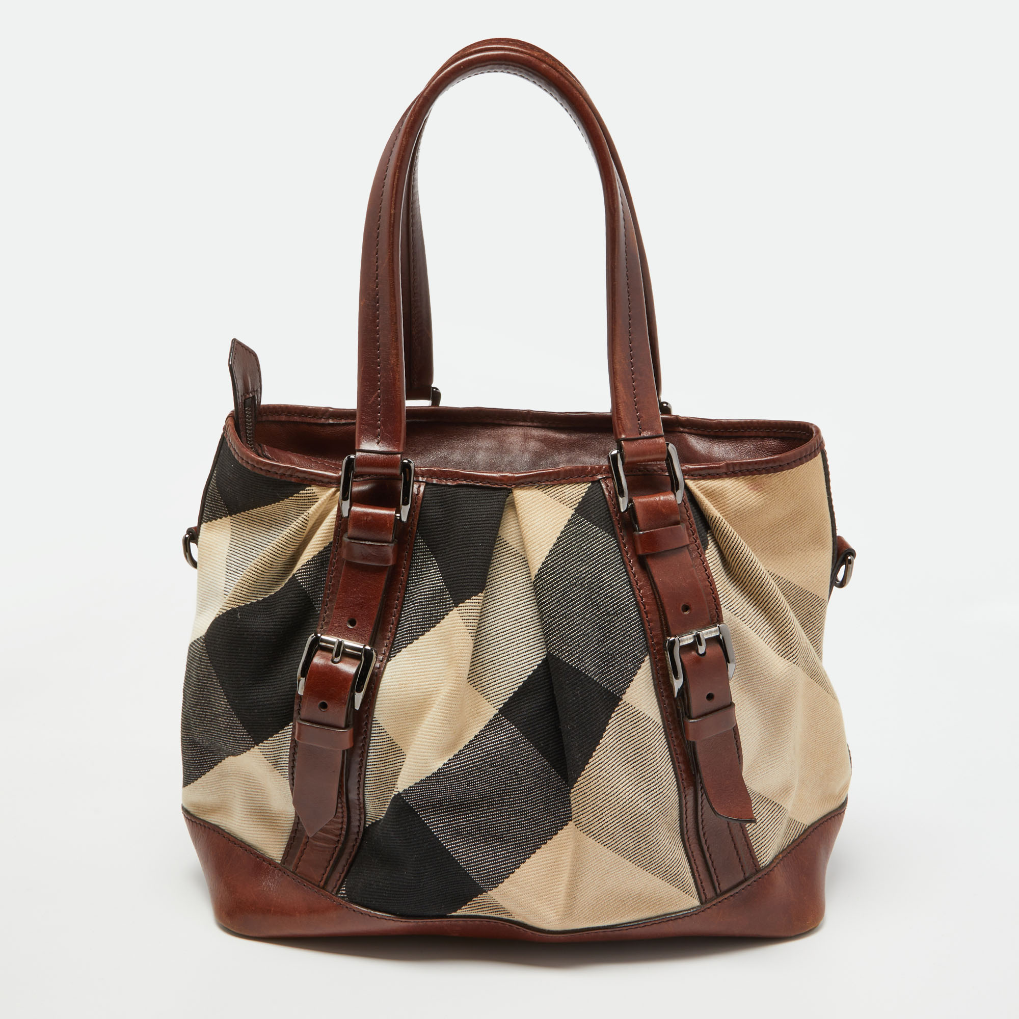 Burberry Beige/Brown Mega Check Canvas And Leather Lowry Tote