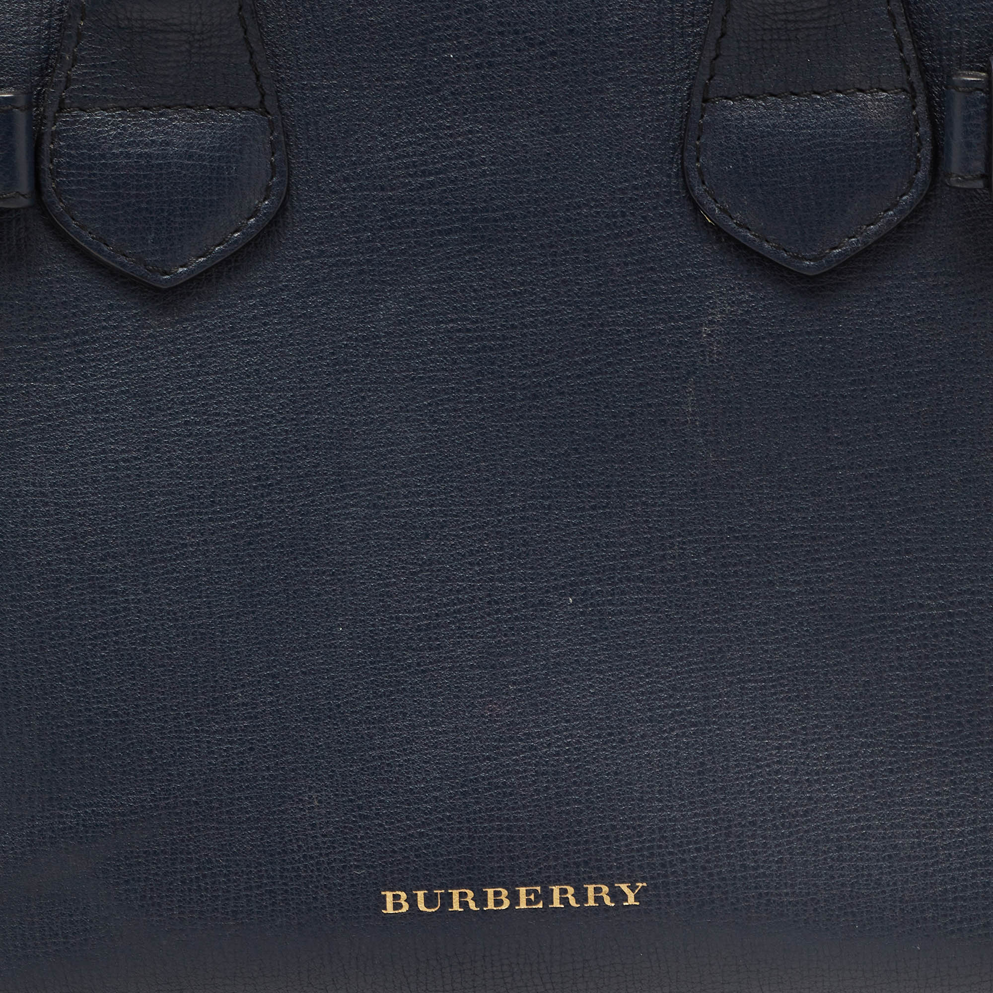 Burberry Navy Blue/Beige Leather And House Check Fabric Small Banner Tote