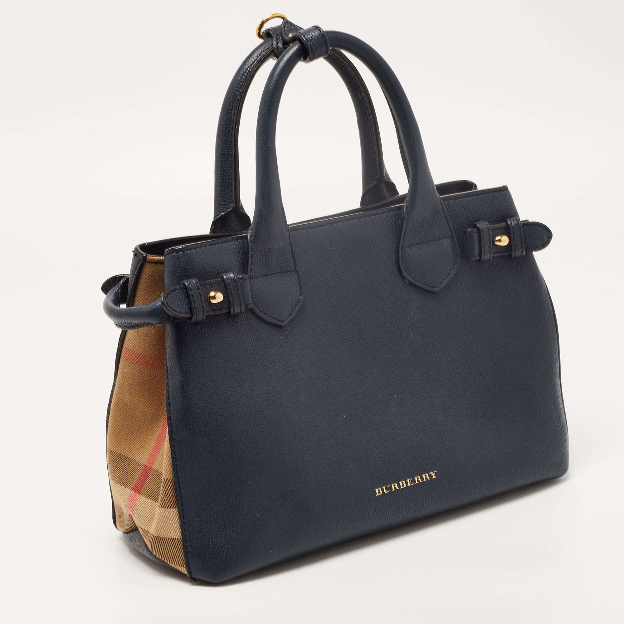 Burberry Navy Blue/Beige Leather And House Check Fabric Small Banner Tote