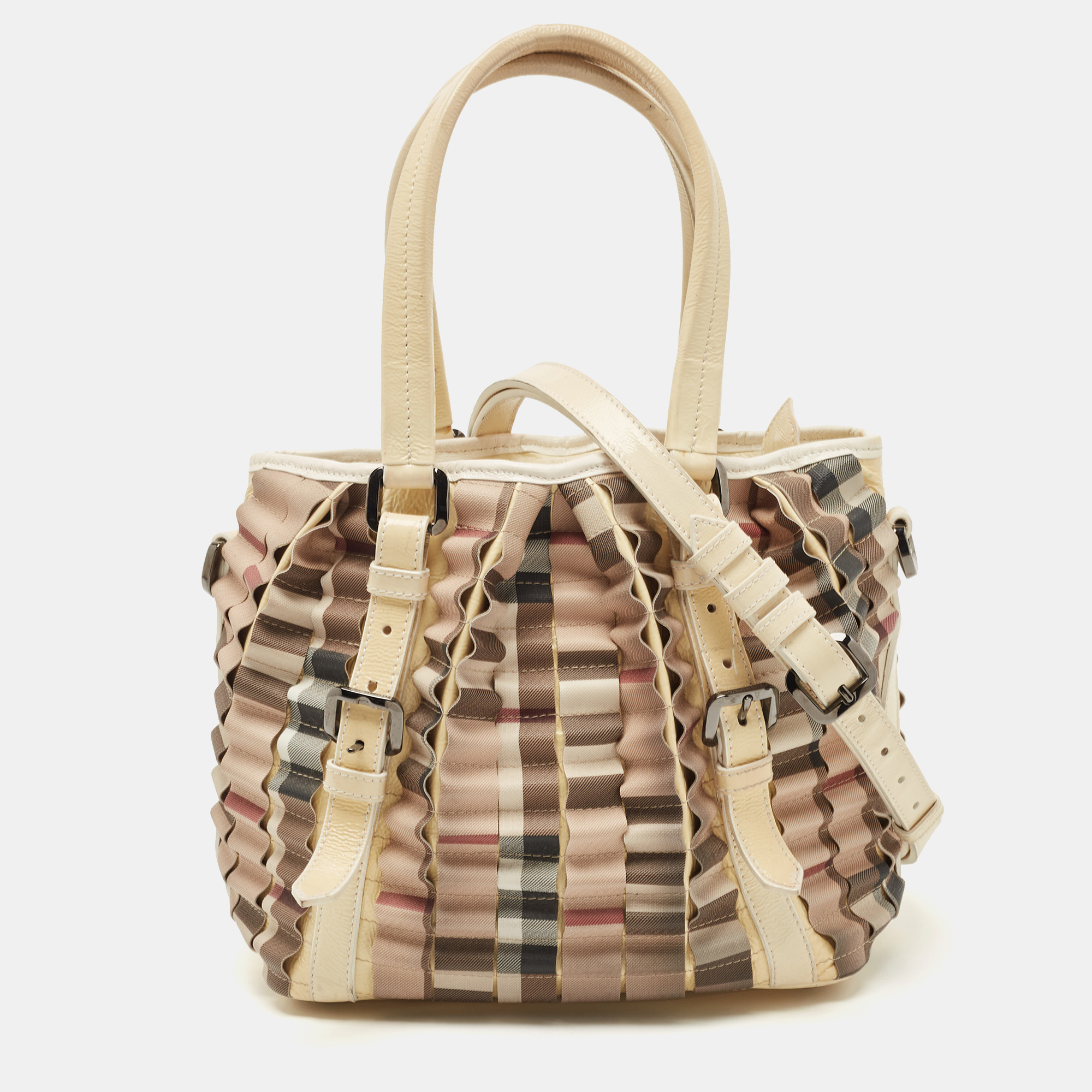 Burberry Cream/Beige House Check PVC And Patent Leather Lowry Tote