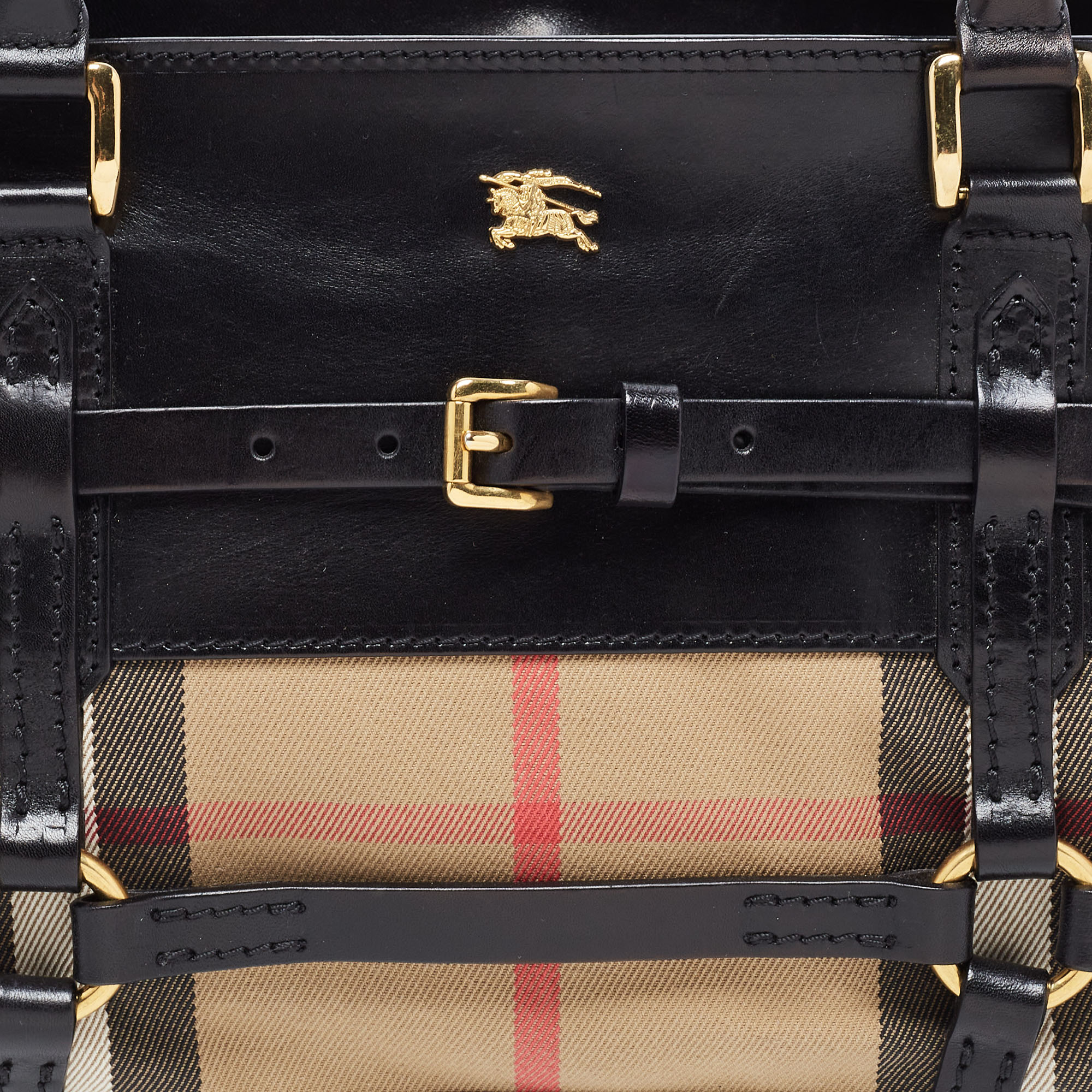 Burberry Black/Beige House Check Canvas And Leather Bridle Tote
