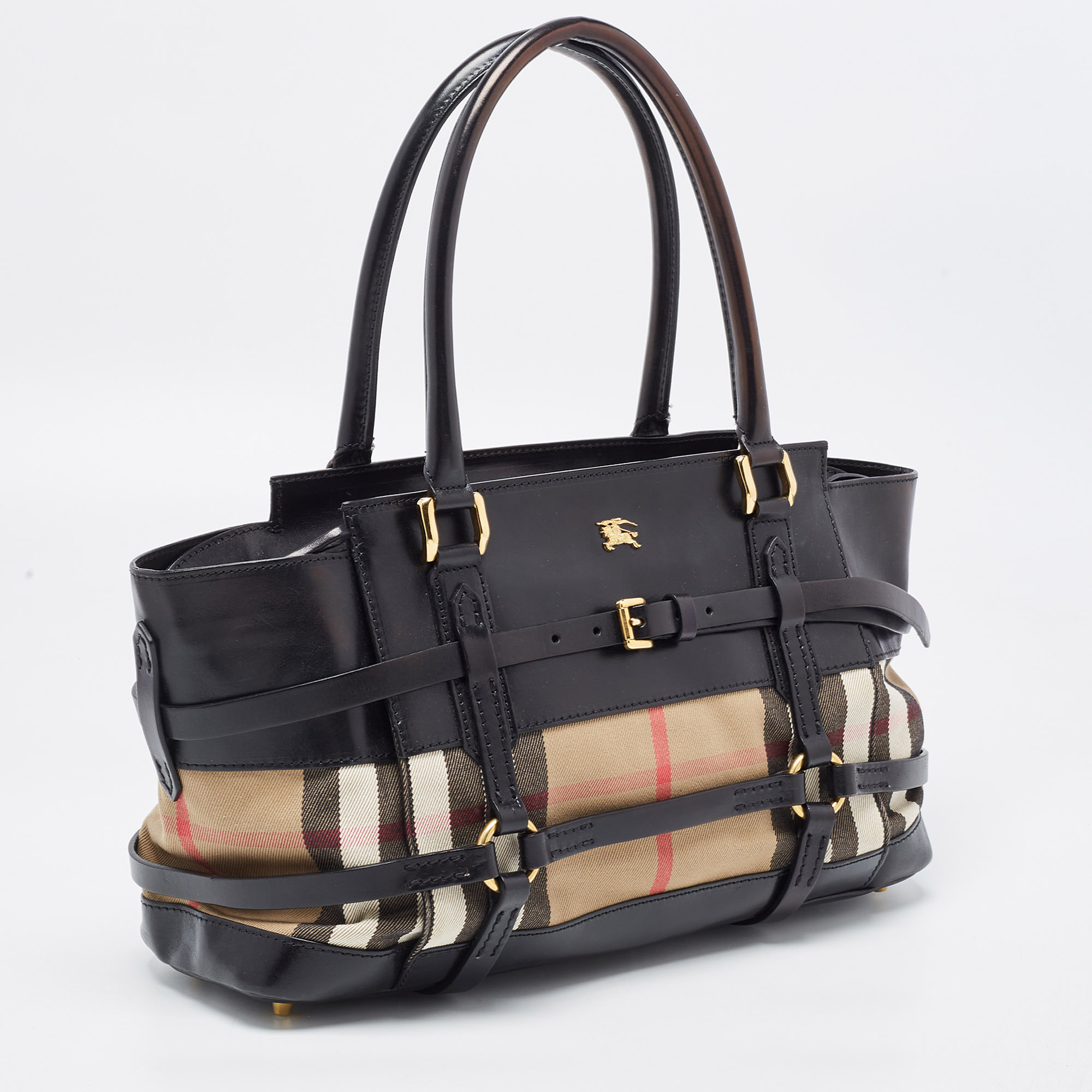 Burberry Black/Beige House Check Canvas And Leather Bridle Tote