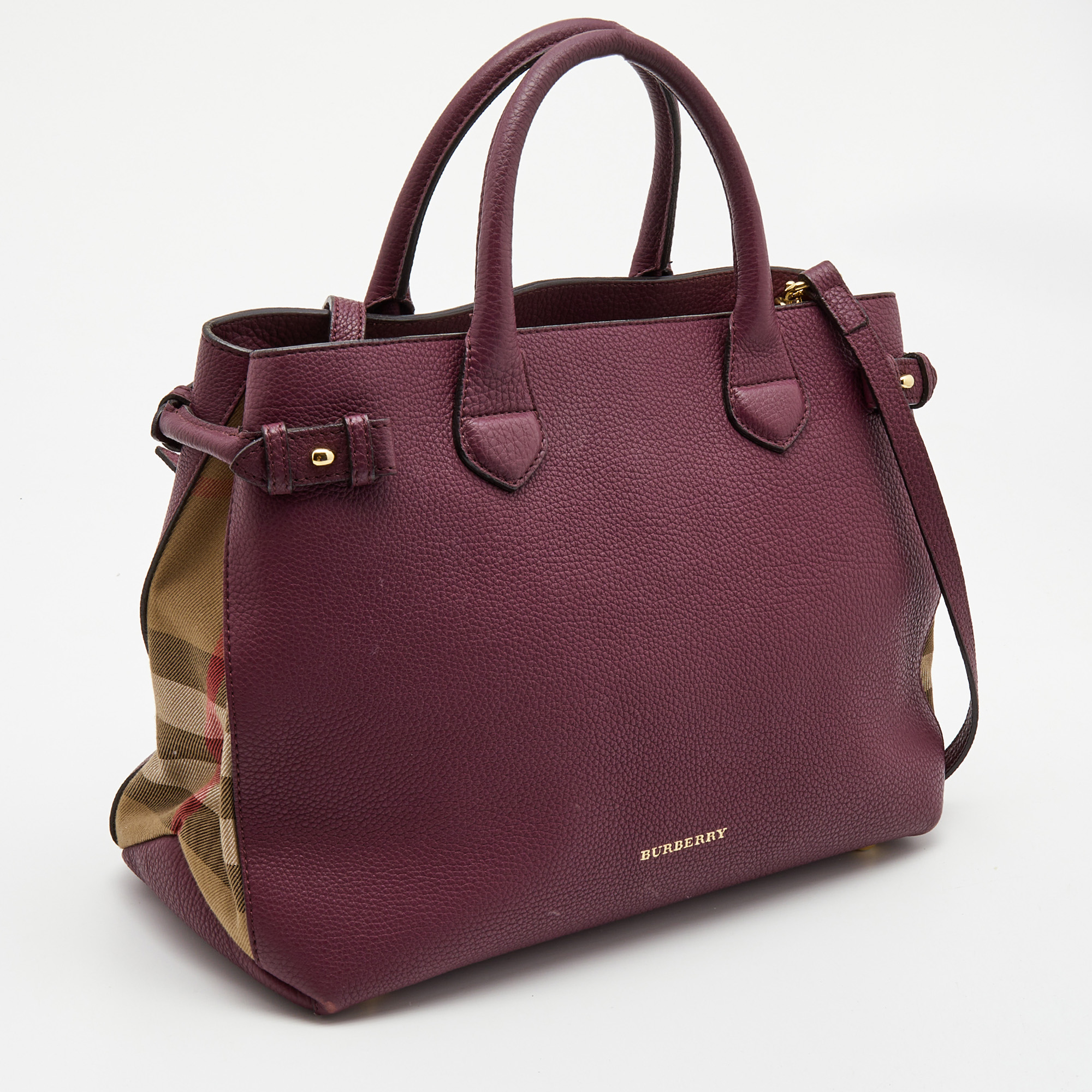 Burberry Burgundy Leather And House Check Canvas Medium Banner Tote